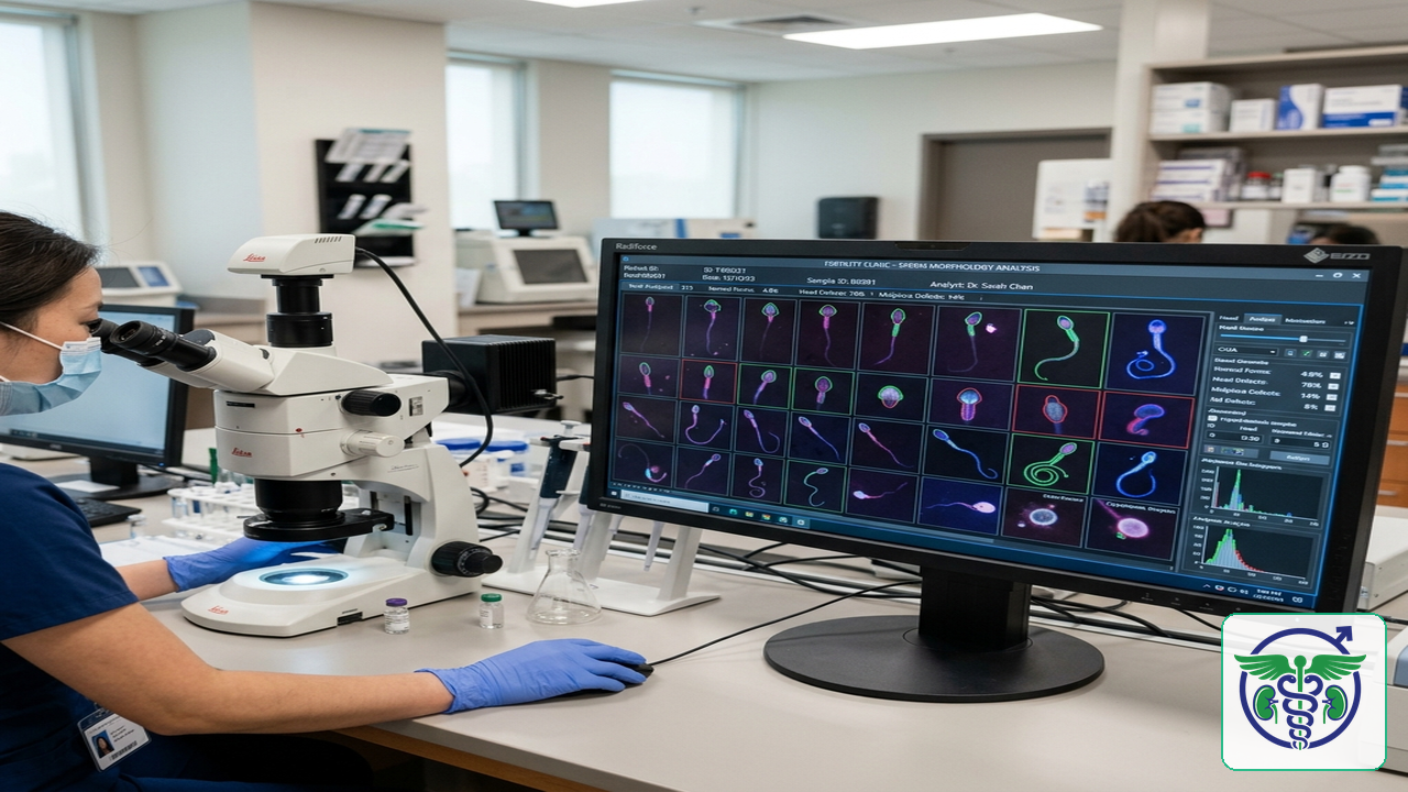 Kết quả phân tích tinh dịch đồ hiển thị trên màn hình vi tính phòng lab hỗ trợ sinh sản